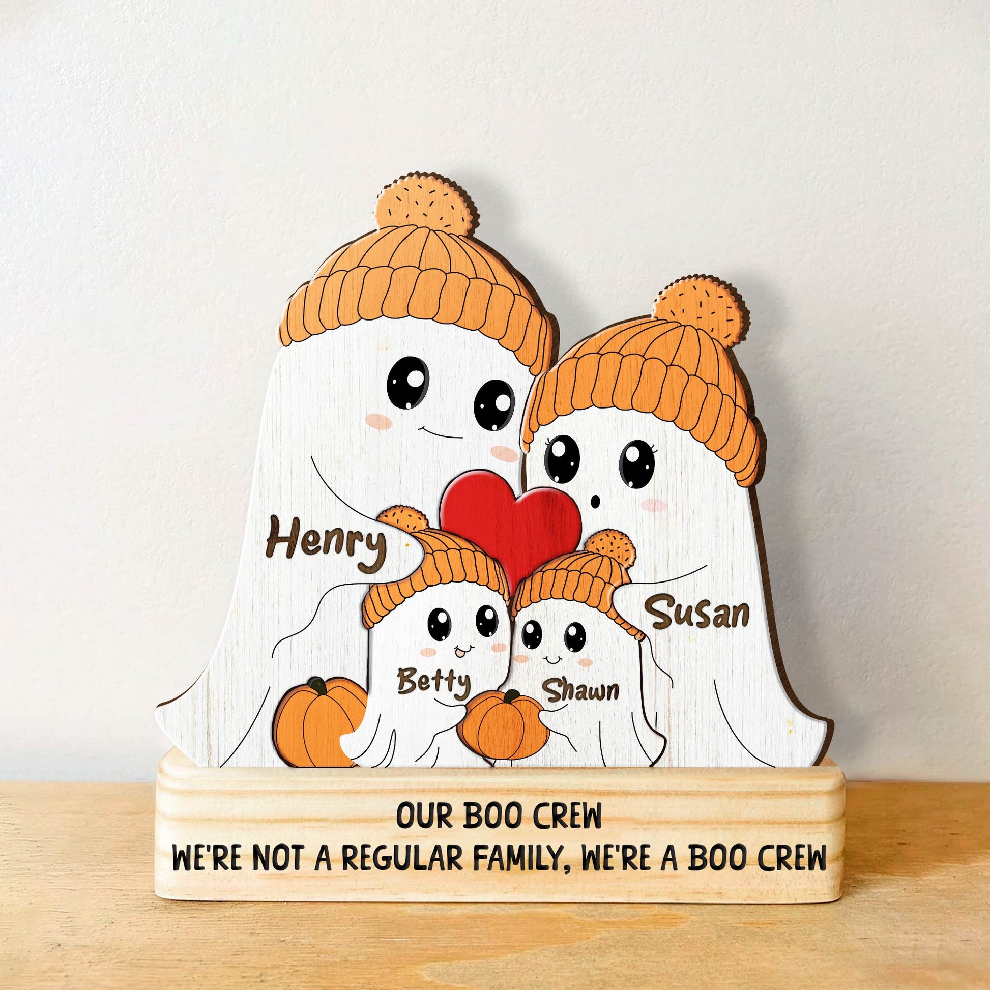365Gifty personalized Halloween wooden puzzle featuring a ghost family with orange hats and names Henry Susan Betty Shawn