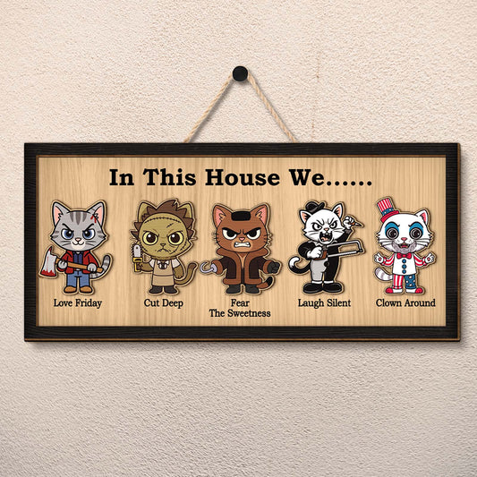 Personalized Halloween wooden sign featuring playful cartoon cats with humorous phrases