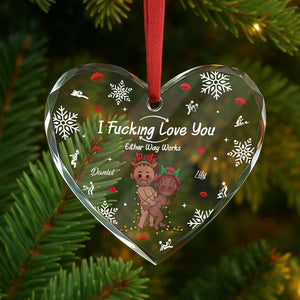 Personalized heart glass ornament for couples featuring custom names and a festive design