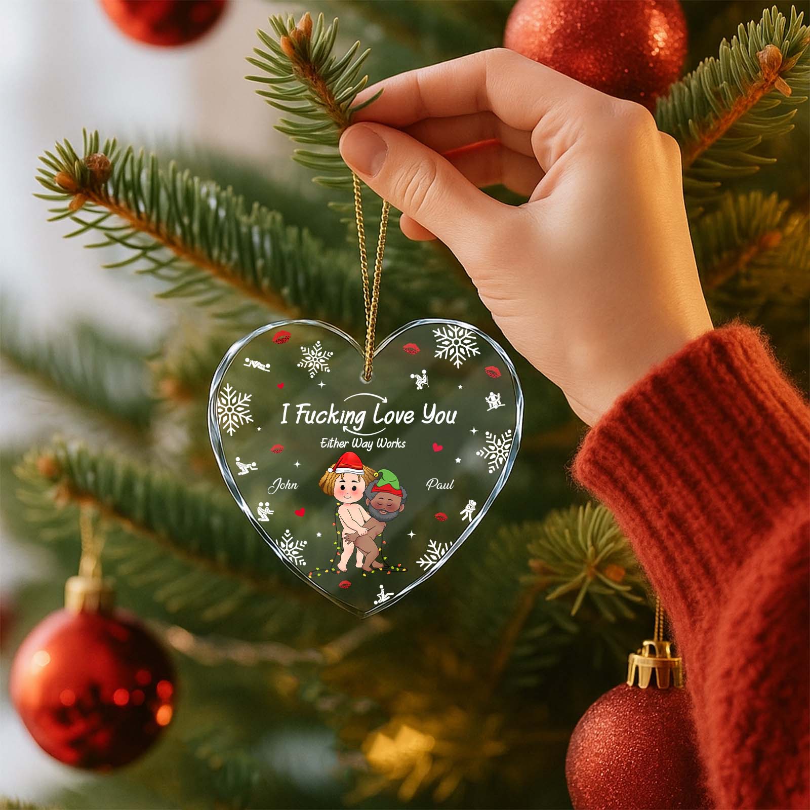 Personalized heart glass ornament for couples with festive design and heartfelt message
