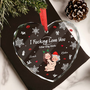 Personalized heart glass ornament for couples featuring custom names and a playful design