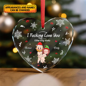Personalized heart glass ornament for couples featuring humorous design and customizable names
