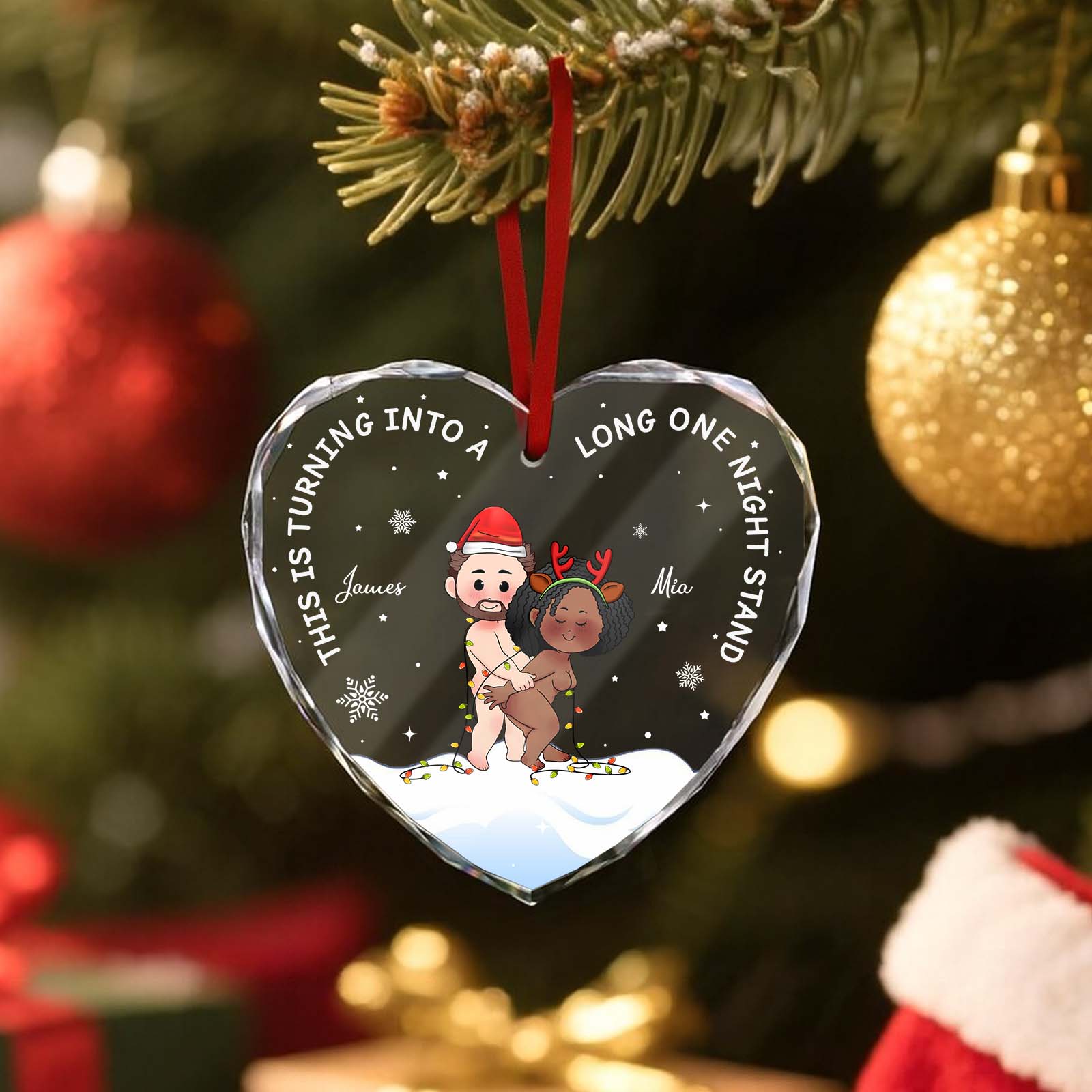 Personalized heart glass ornament featuring a humorous character design for festive decor