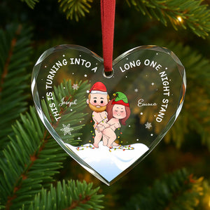 Personalized heart glass ornament with playful holiday couple design and festive colors