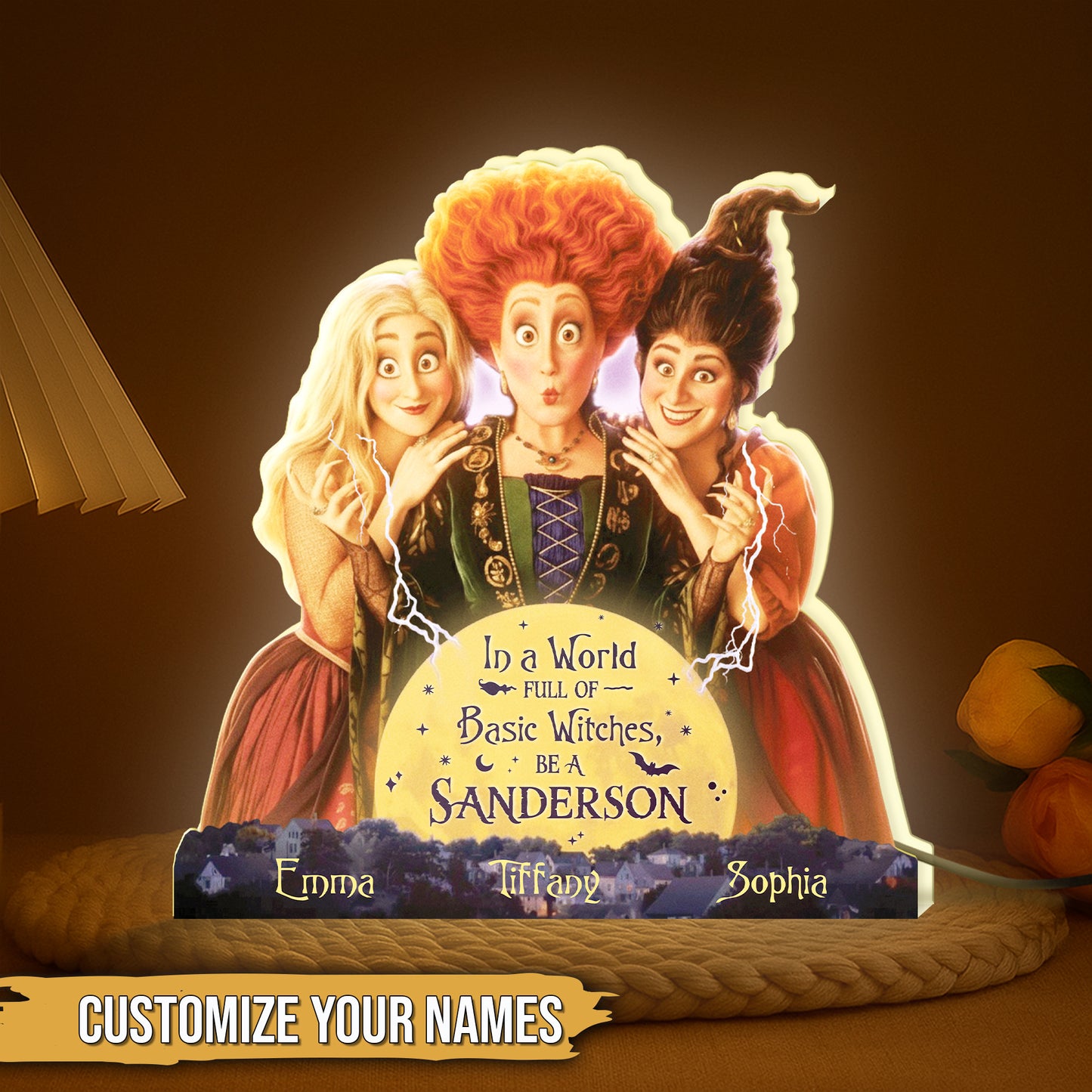 Personalized Hocus Pocus Halloween light box featuring Sanderson sisters with customizable names