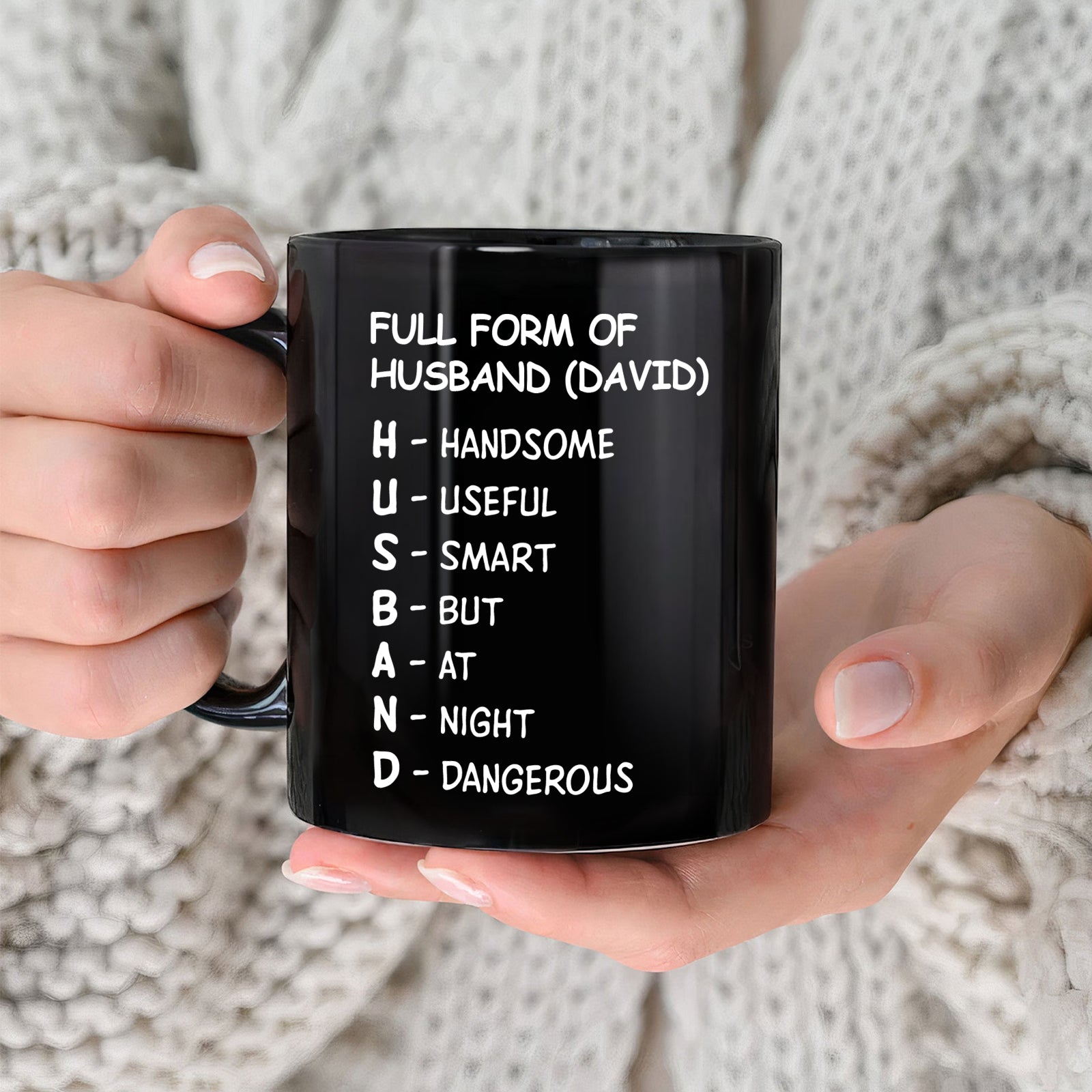 Personalized husband mug featuring the humorous full form of husband acronym with a black design