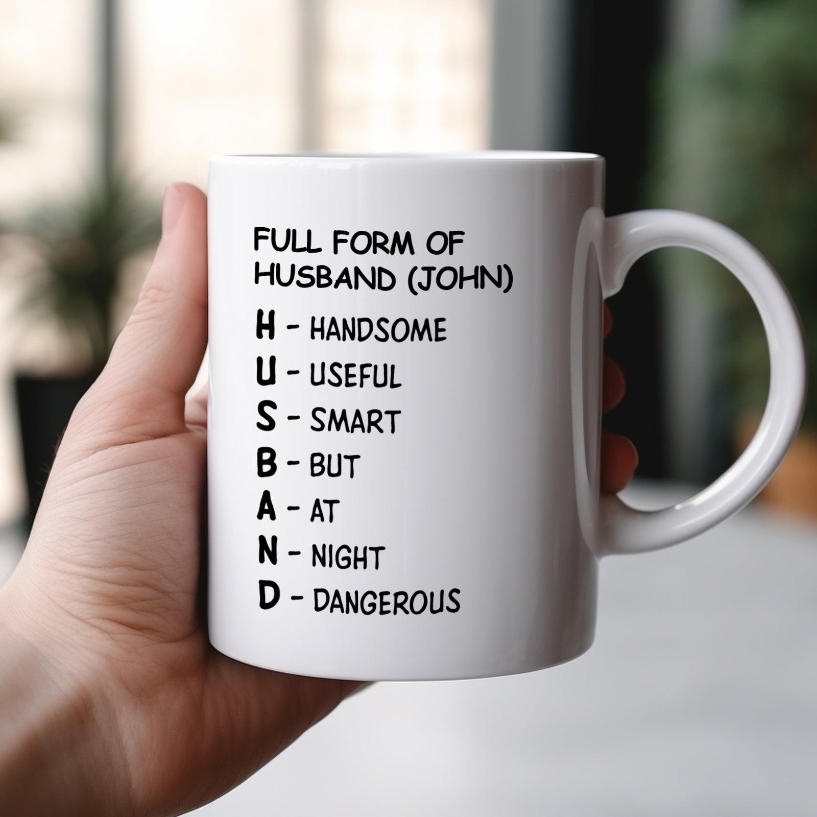 Personalized husband mug featuring humorous full form of husband with unique traits and characteristics