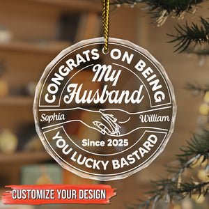 Personalized husband ornament with custom names and congrats, perfect for celebrating a special occasion