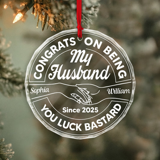 Personalized husband ornament featuring engraved names and congratulatory message for a special keepsake