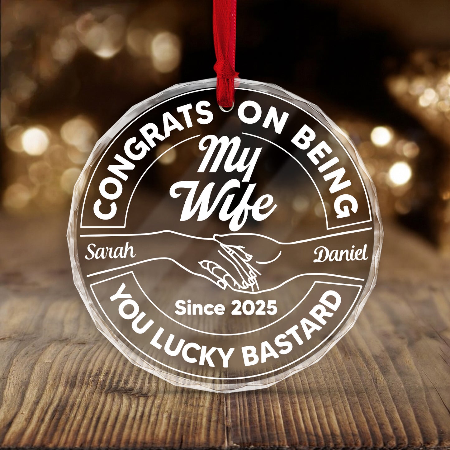 Personalized husband ornament featuring engraved hands, names, and the year since 2025