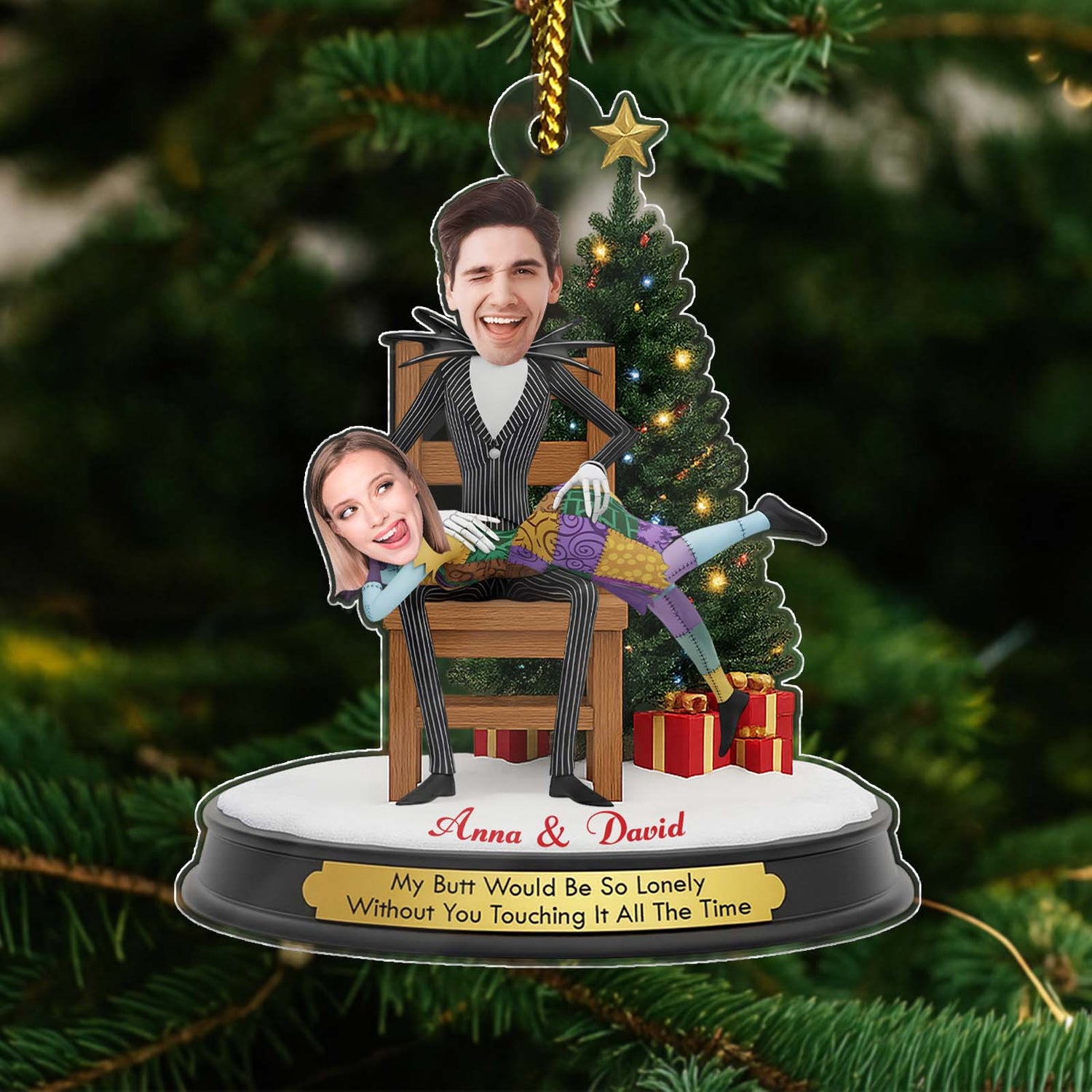 Personalized Jack and Sally Christmas ornament featuring custom names and festive decorations