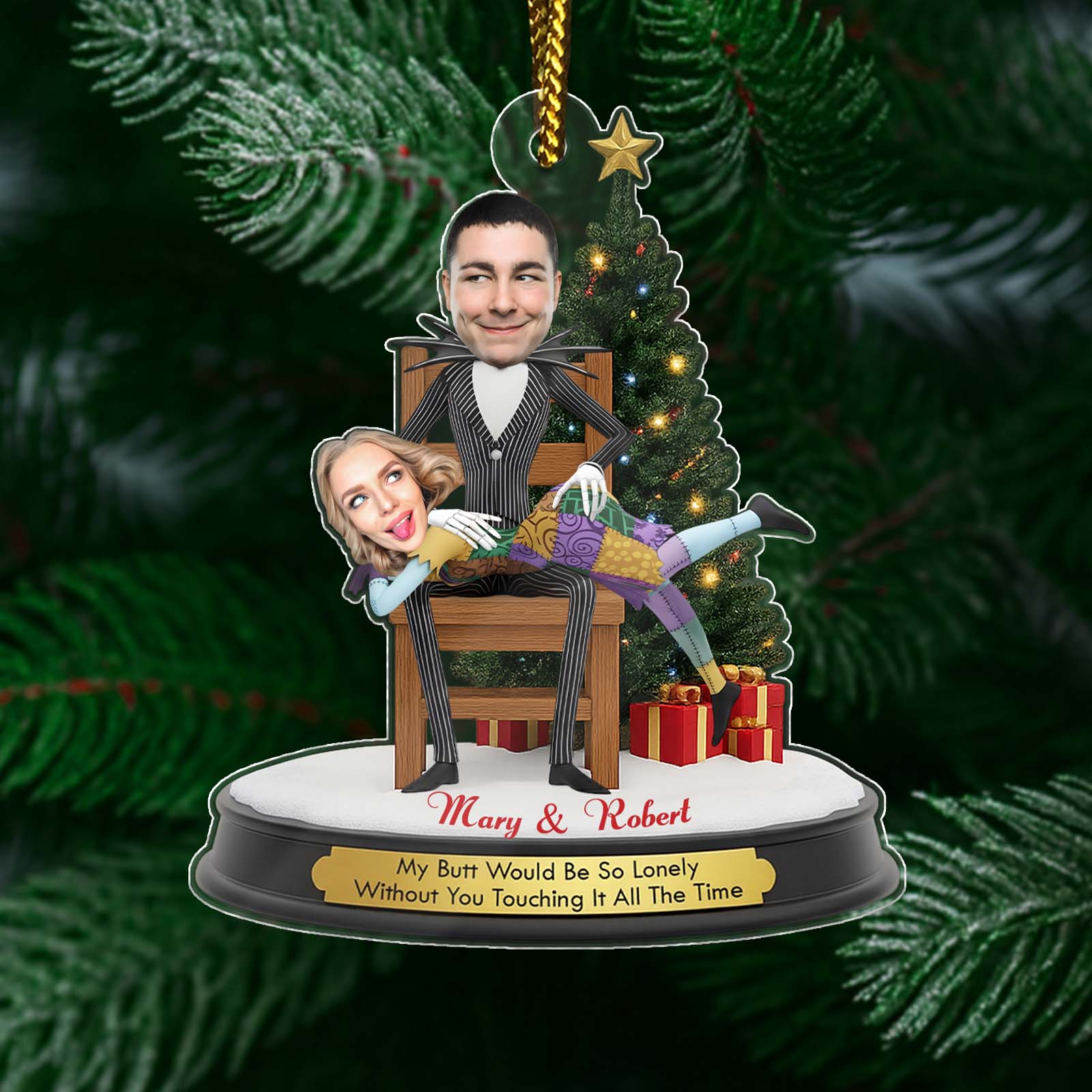 Personalized Jack and Sally Christmas ornament featuring custom characters and festive decorations