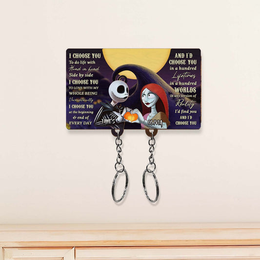 Personalized Jack and Sally keychain set featuring themed artwork and custom names for ideal gifts