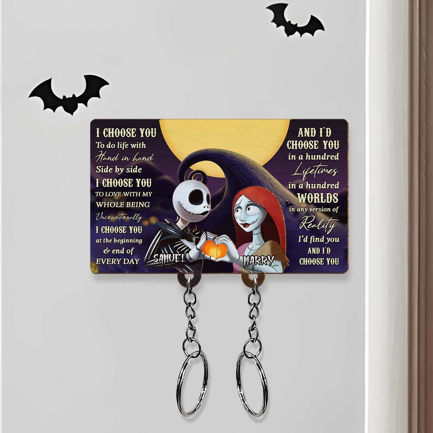 Personalized Jack and Sally keychain with unique design featuring quotes and characters from The Nightmare Before Christmas