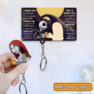 Personalized Jack and Sally keychain featuring custom names and heartfelt quote for fans of The Nightmare Before Christmas