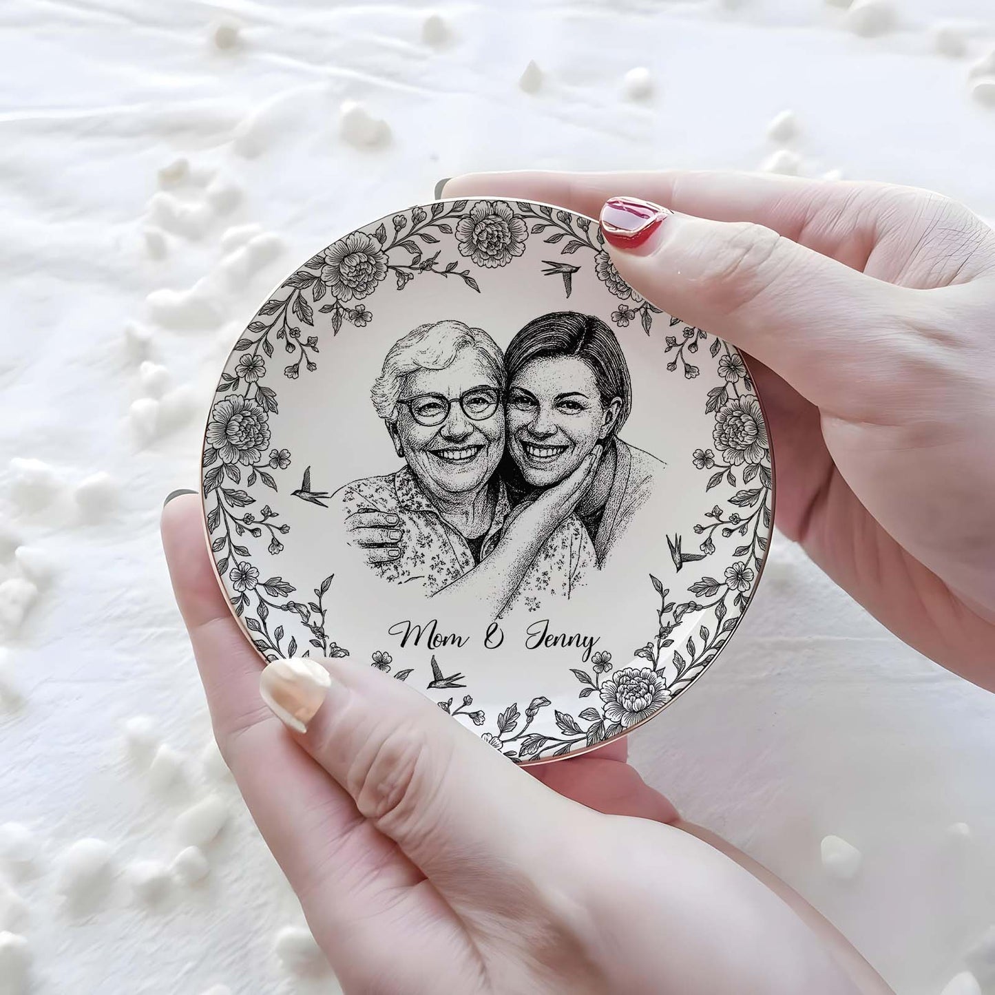 Personalized jewelry dish featuring a custom illustration of two women with floral design