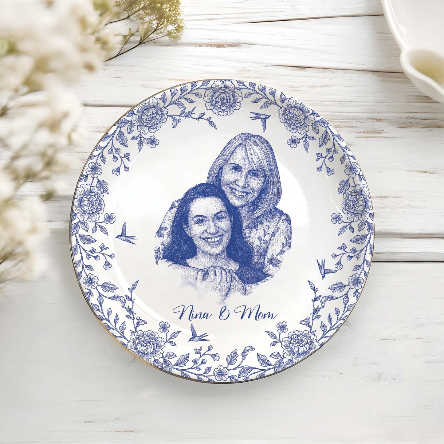 Customizable personalized jewelry dish featuring a floral design and space for names or messages