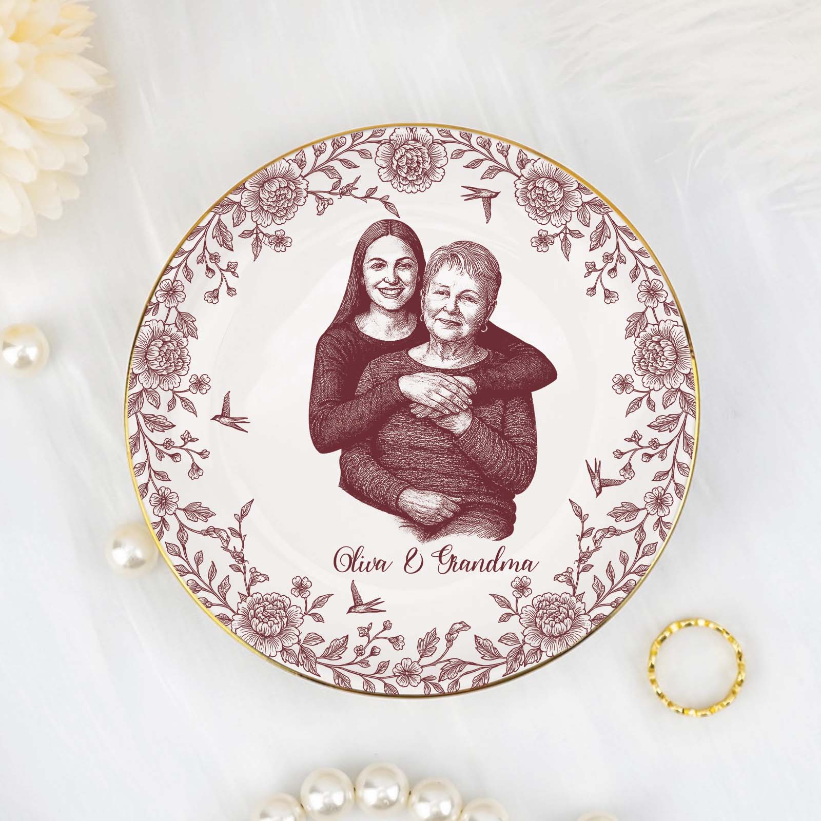 Personalized jewelry dish featuring a floral design with a custom illustration of a grandmother and granddaughter