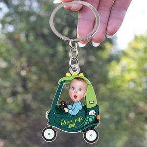 Personalized keychain gift for dad featuring a child in a toy car design with a custom name