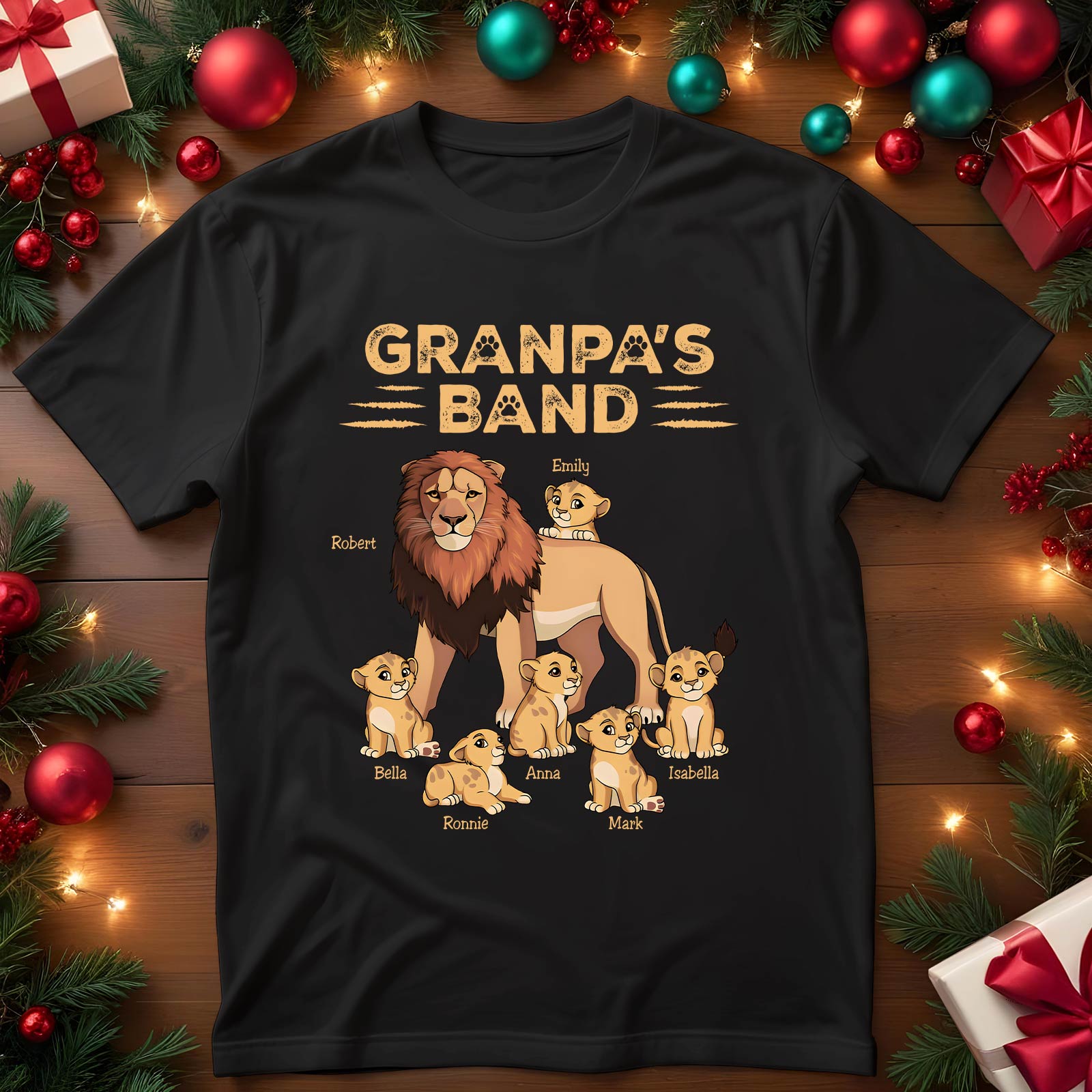 Black personalized lion dad shirt with Grandpa's Band lion family design and custom names