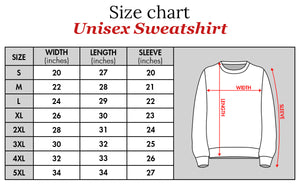 Size chart for unisex sweatshirt showing width length and sleeve measurements in inches for sizes S to 5XL