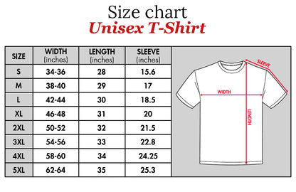 Size chart for unisex T-shirt showing width length and sleeve measurements for sizes S to 5XL
