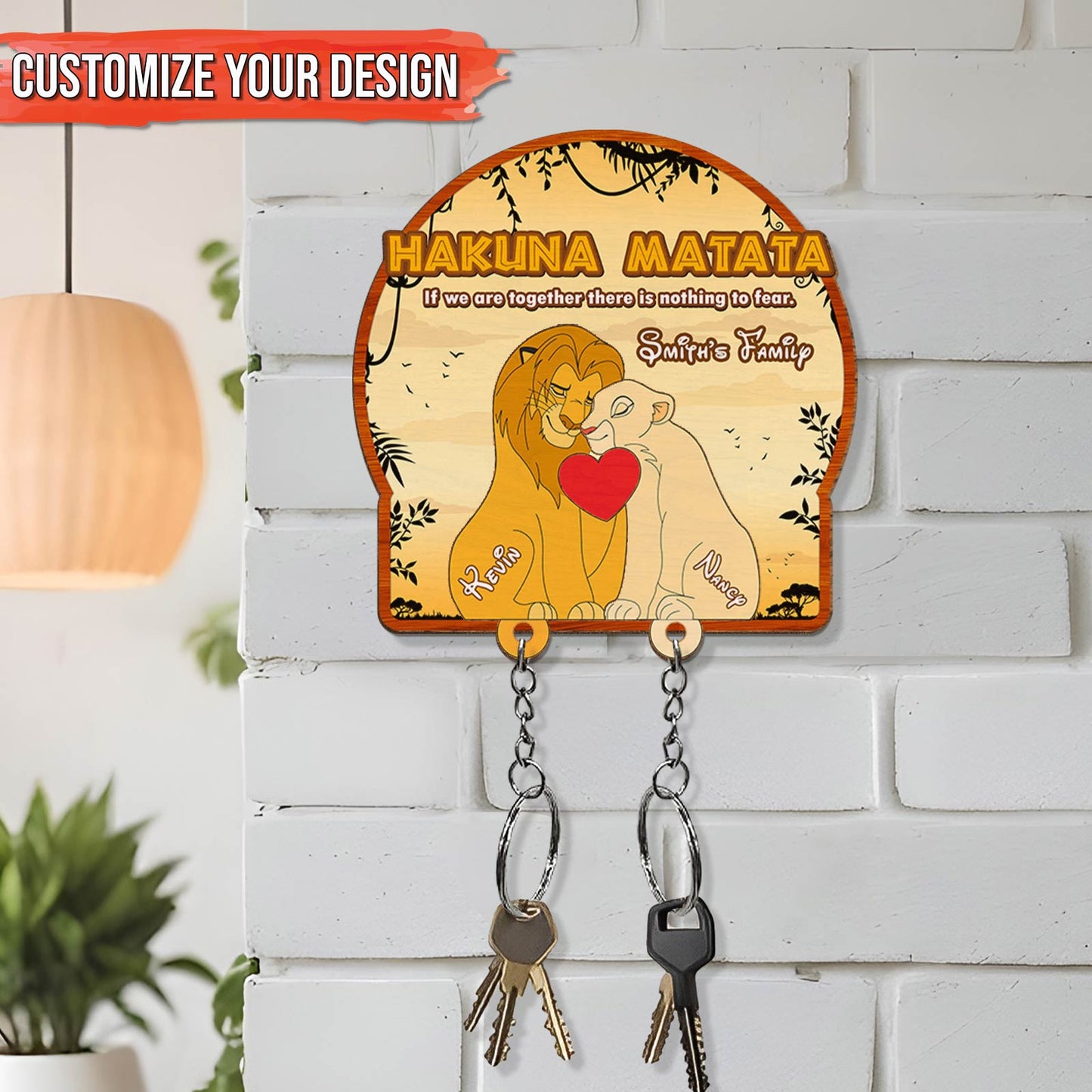 Personalized Lion King family key holder featuring Simba and Nala with space for custom names