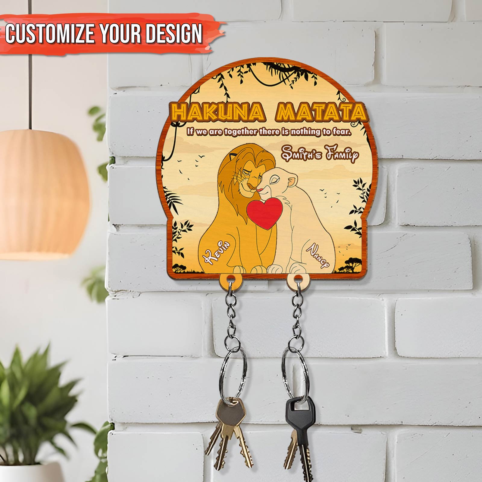 Personalized Lion King family key holder featuring Simba and Nala with space for custom names