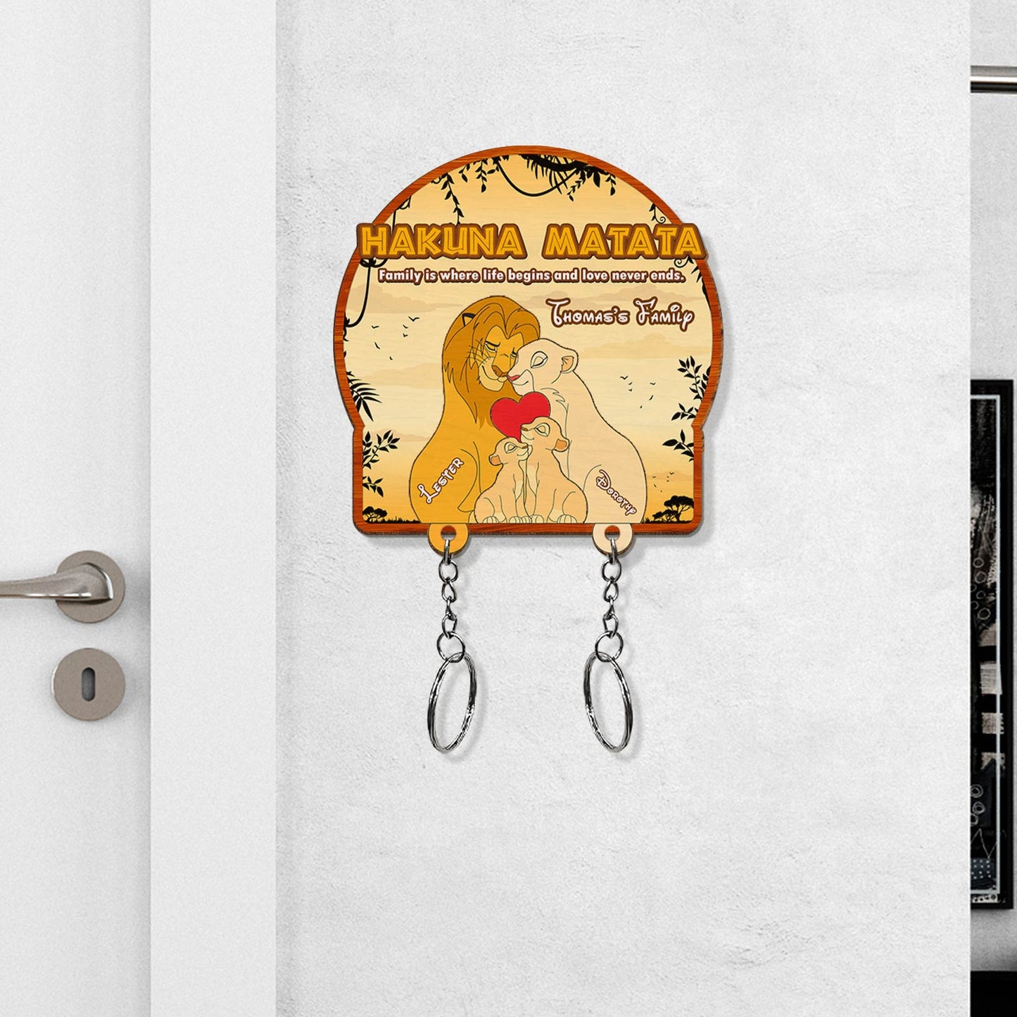 Personalized Lion King family key holder with Hakuna Matata design and family love theme