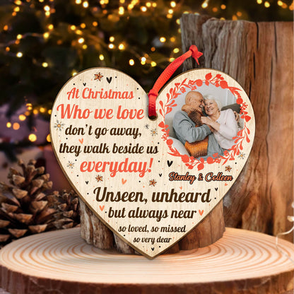 Personalized memorial Christmas ornament heart shaped with photo and sentimental holiday message