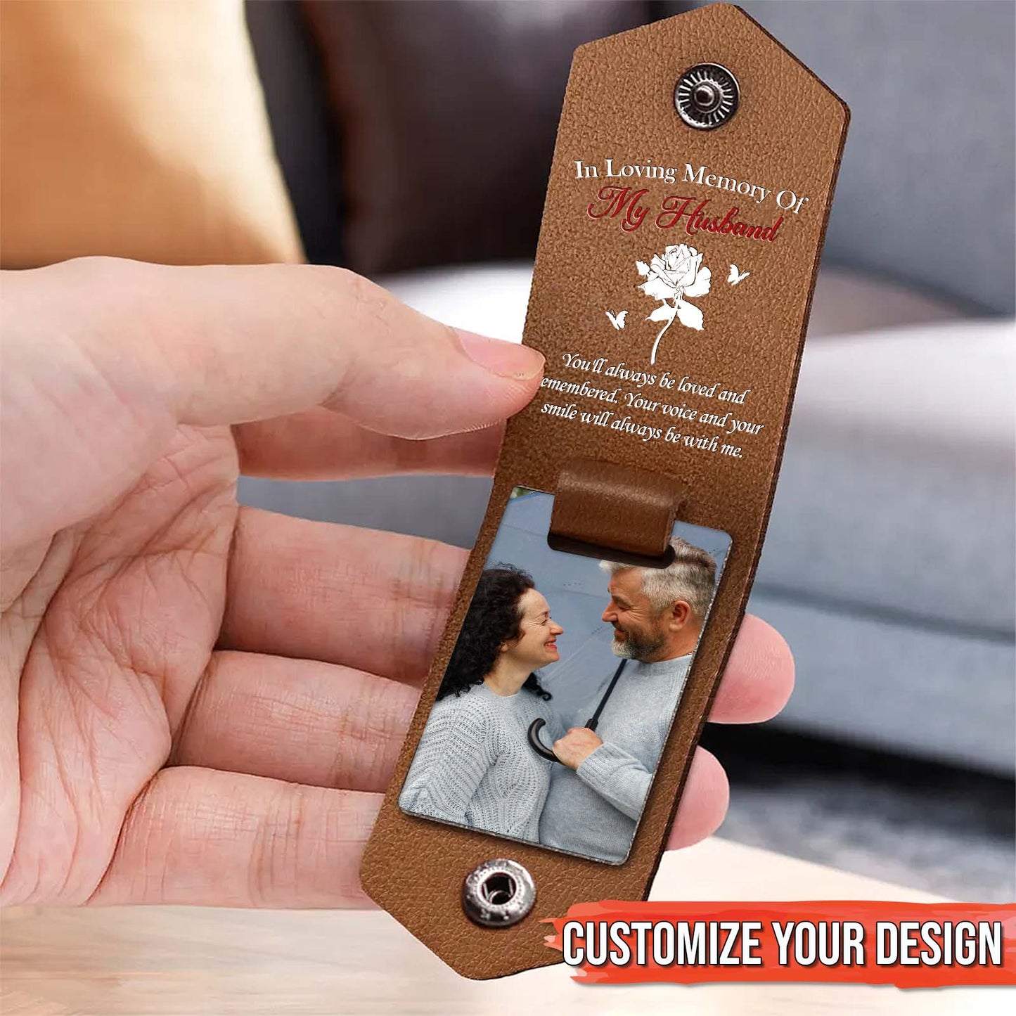 Personalized memorial photo keychain with custom design and heartwarming message for a loved one