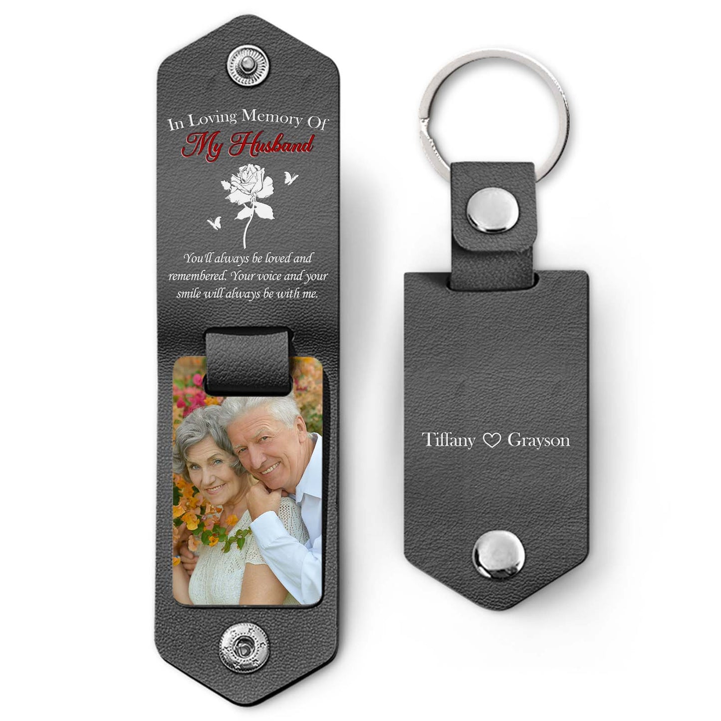 Personalized memorial photo keychain with a picture and heartfelt message to cherish loved ones