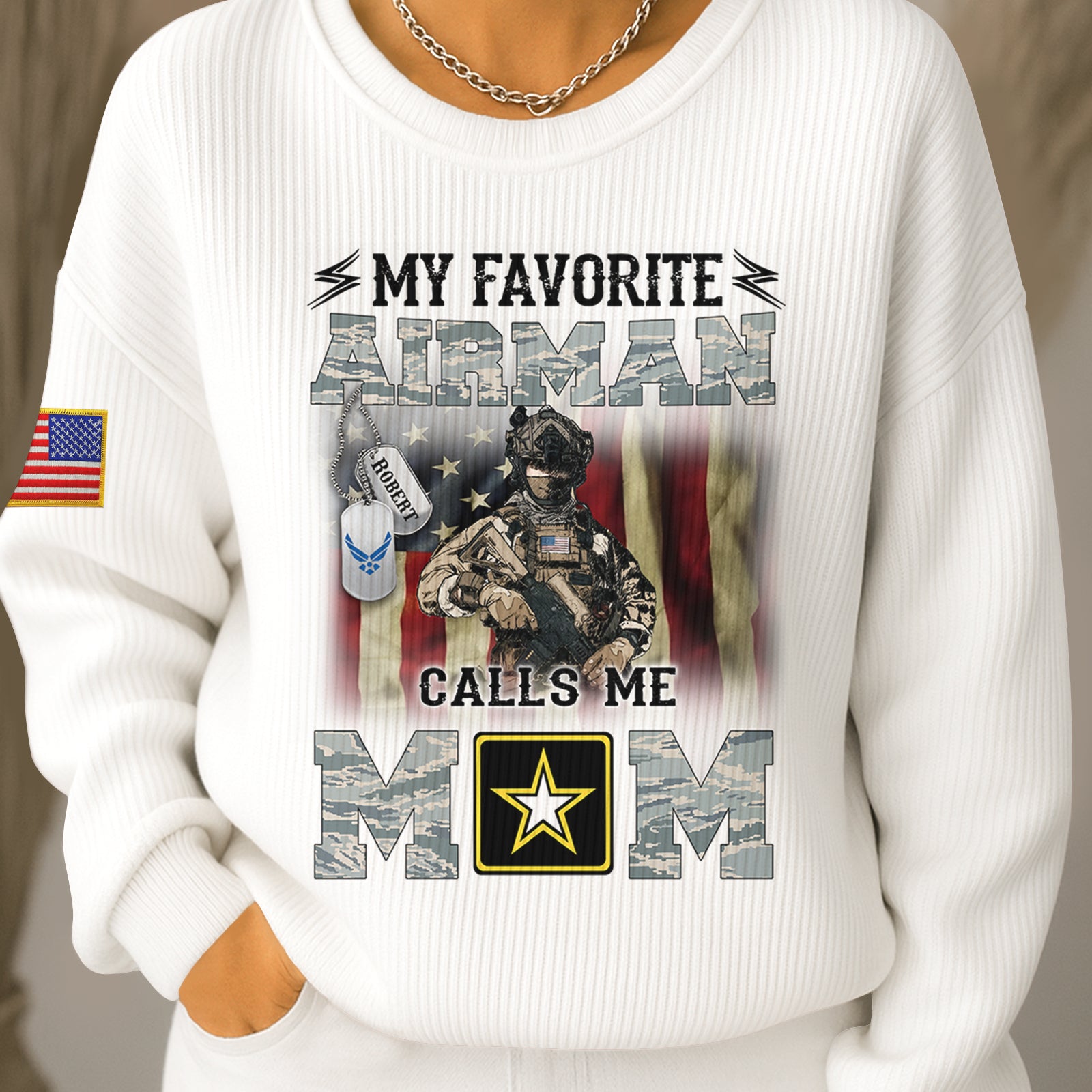 Personalized military mom shirt featuring a soldier and American flag design for proud military moms