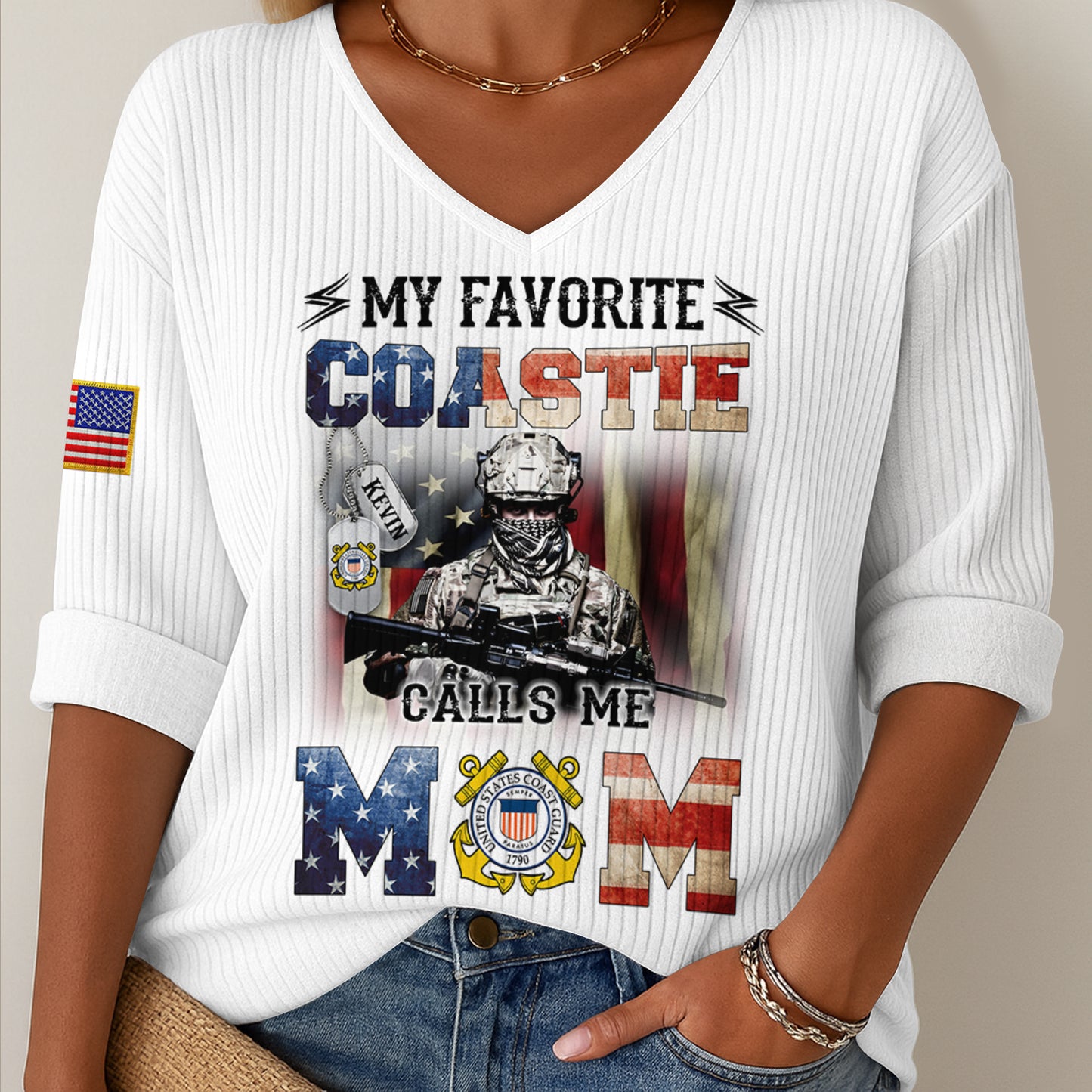 Personalized military mom shirt featuring an American flag and a Coast Guard theme