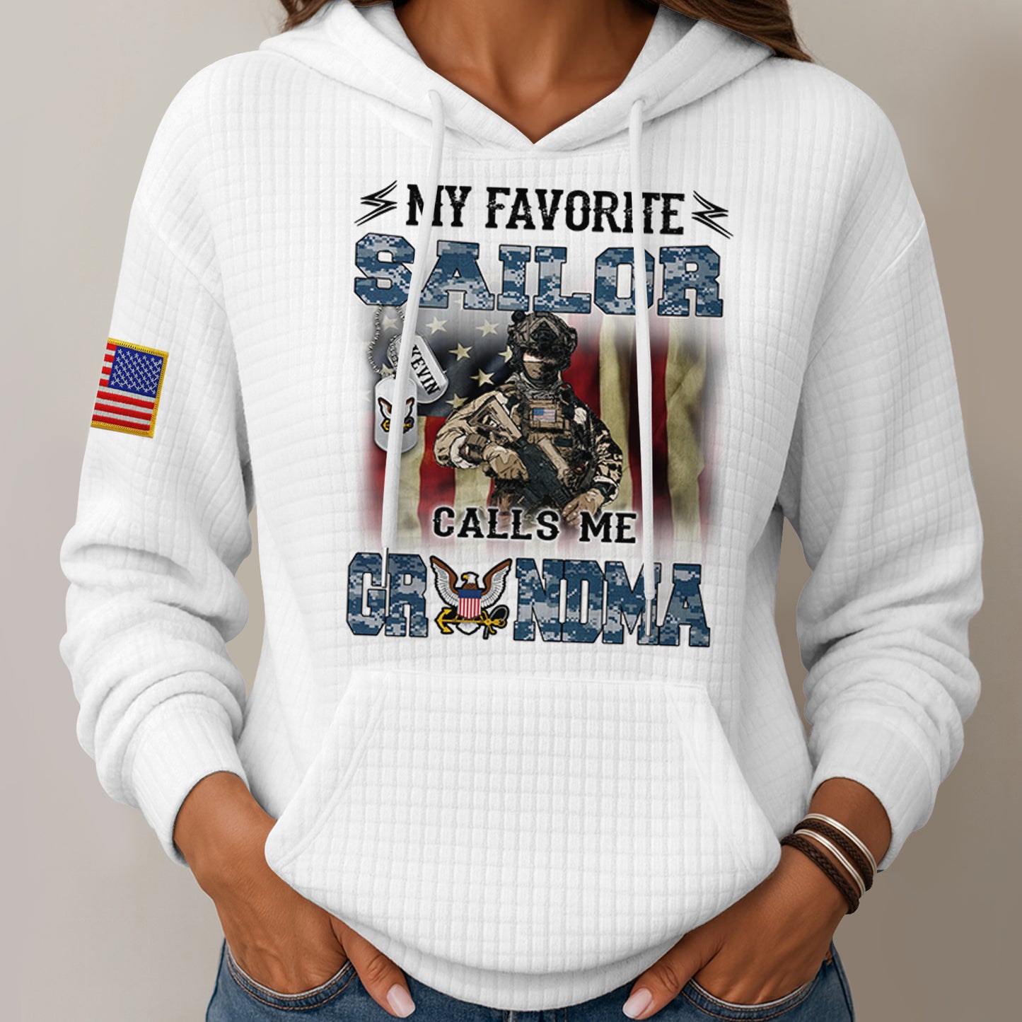 Personalized military mom shirt featuring a sailor graphic and patriotic design