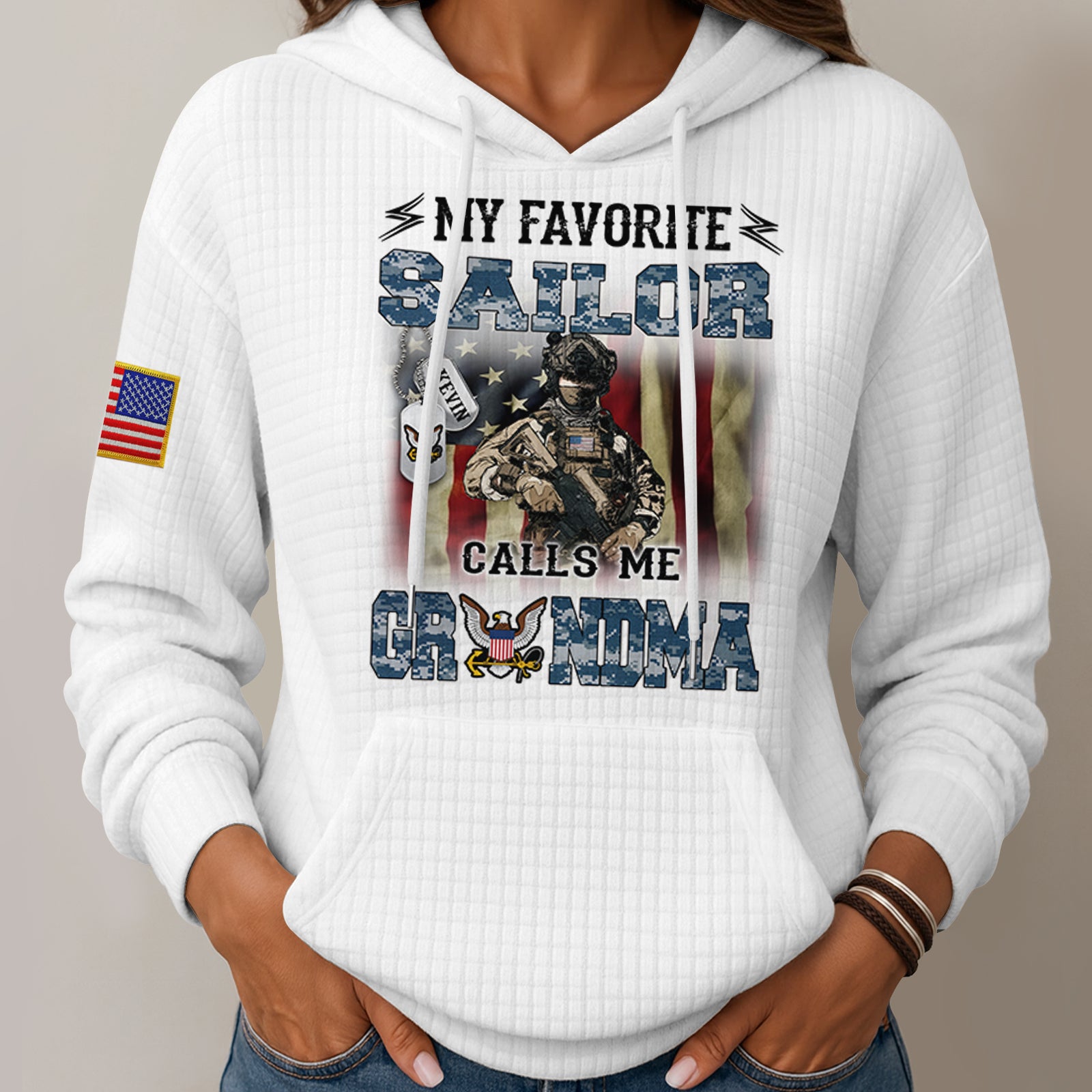 Personalized military mom shirt featuring a sailor graphic and patriotic design