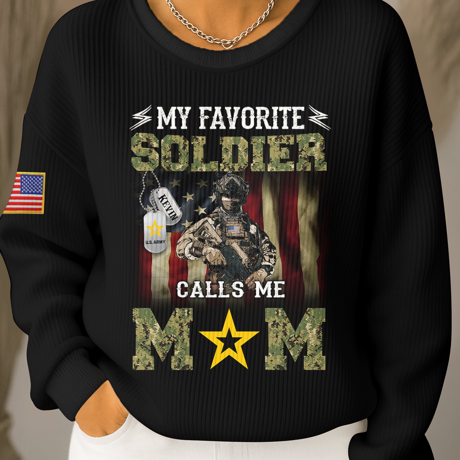 Personalized military mom shirt featuring patriotic design with soldier and American flag elements