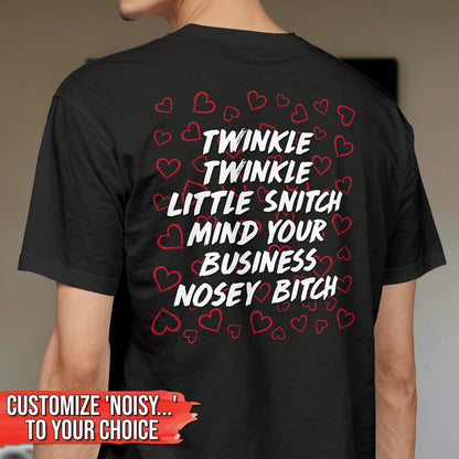 Black personalized mind your business t-shirt with white and red heart design and bold text on the back
