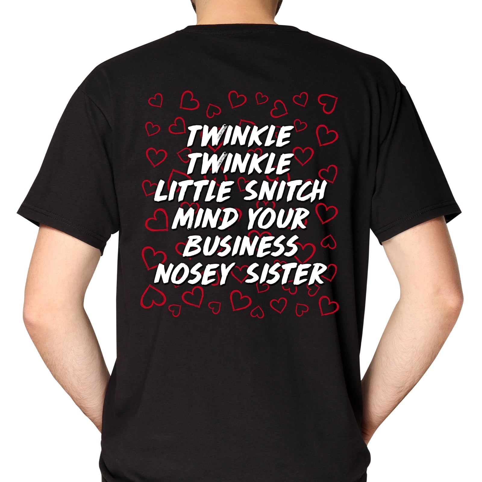 Black personalized mind your business t-shirt with white text and red hearts on the back