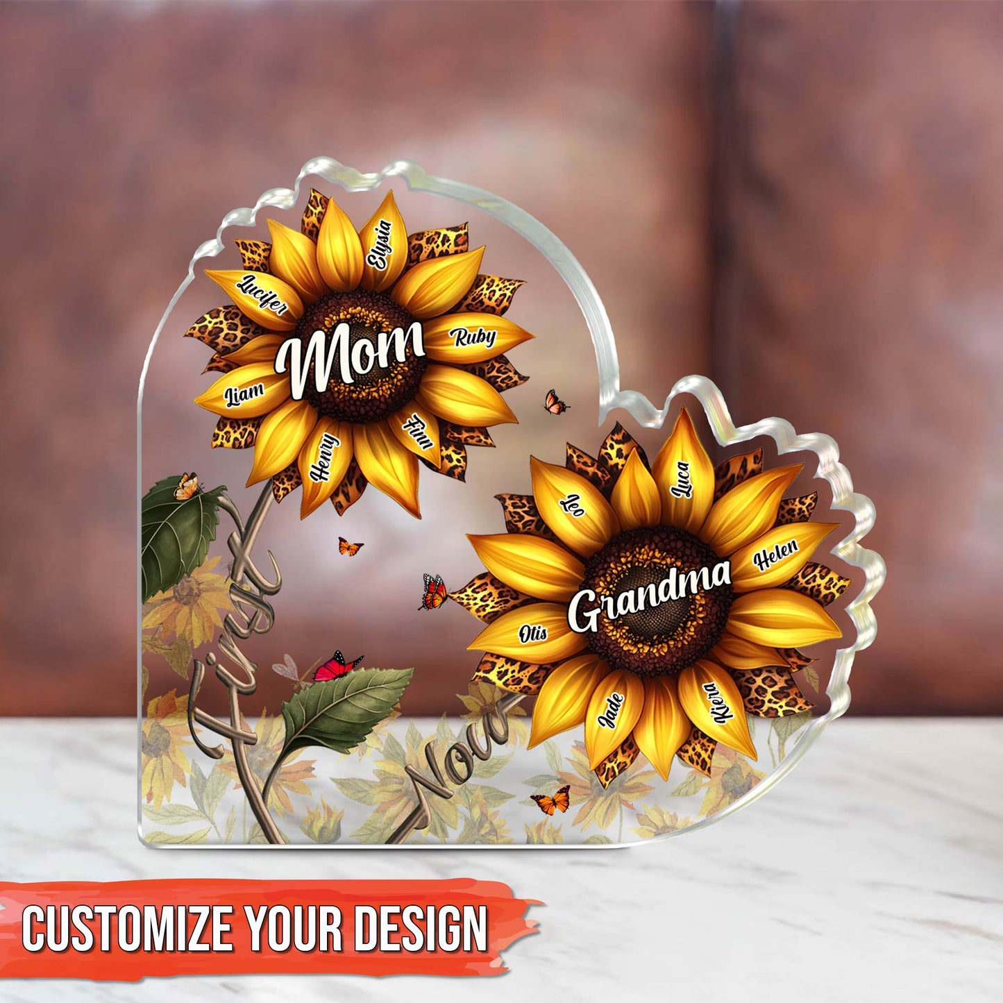 Personalized mom acrylic plaque featuring sunflower design with customizable names for a heartfelt gift