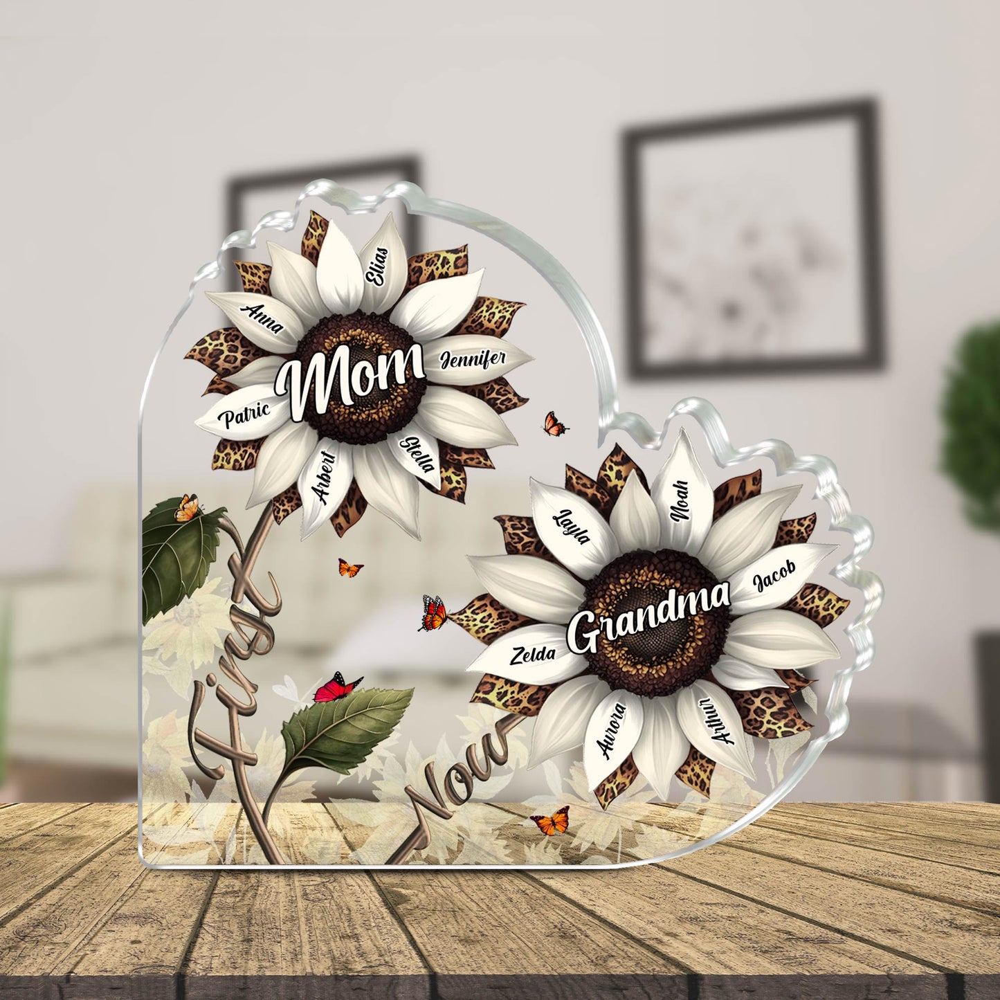 Personalized mom acrylic plaque featuring sunflowers and family names for a heartfelt gift
