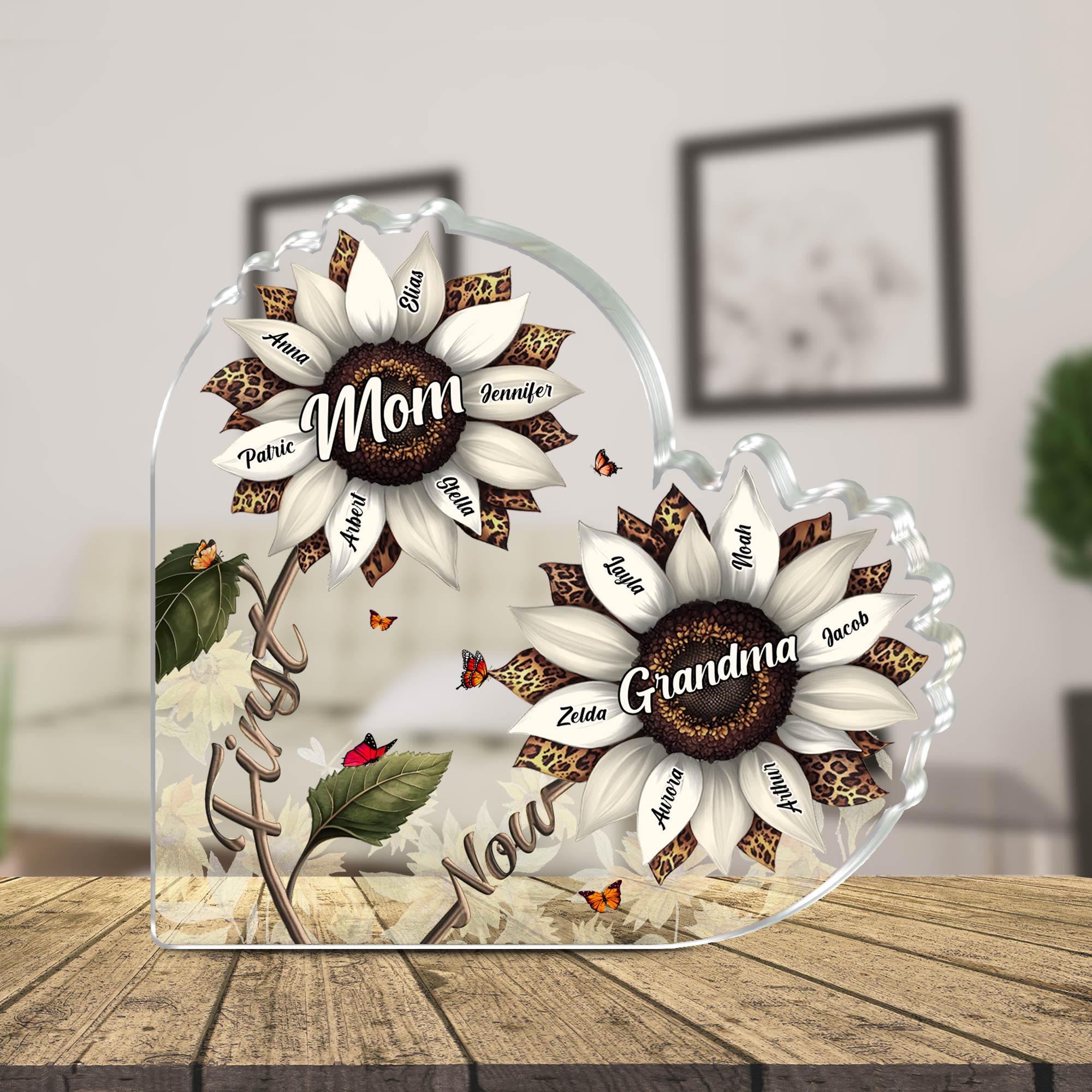 Personalized mom acrylic plaque featuring sunflowers and family names for a heartfelt gift
