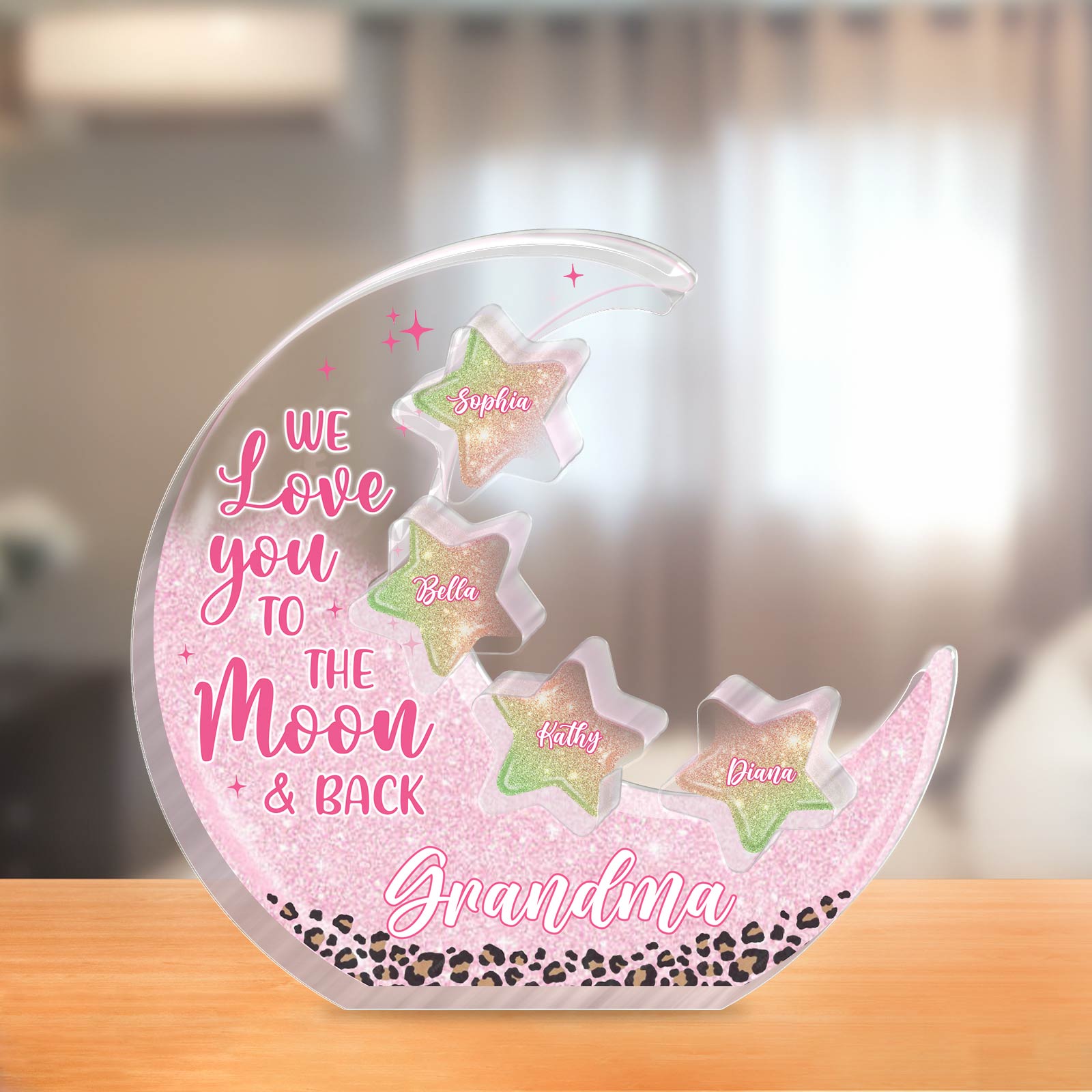 Personalized mom acrylic puzzle with stars and heartfelt message for Grandma on a decorative stand