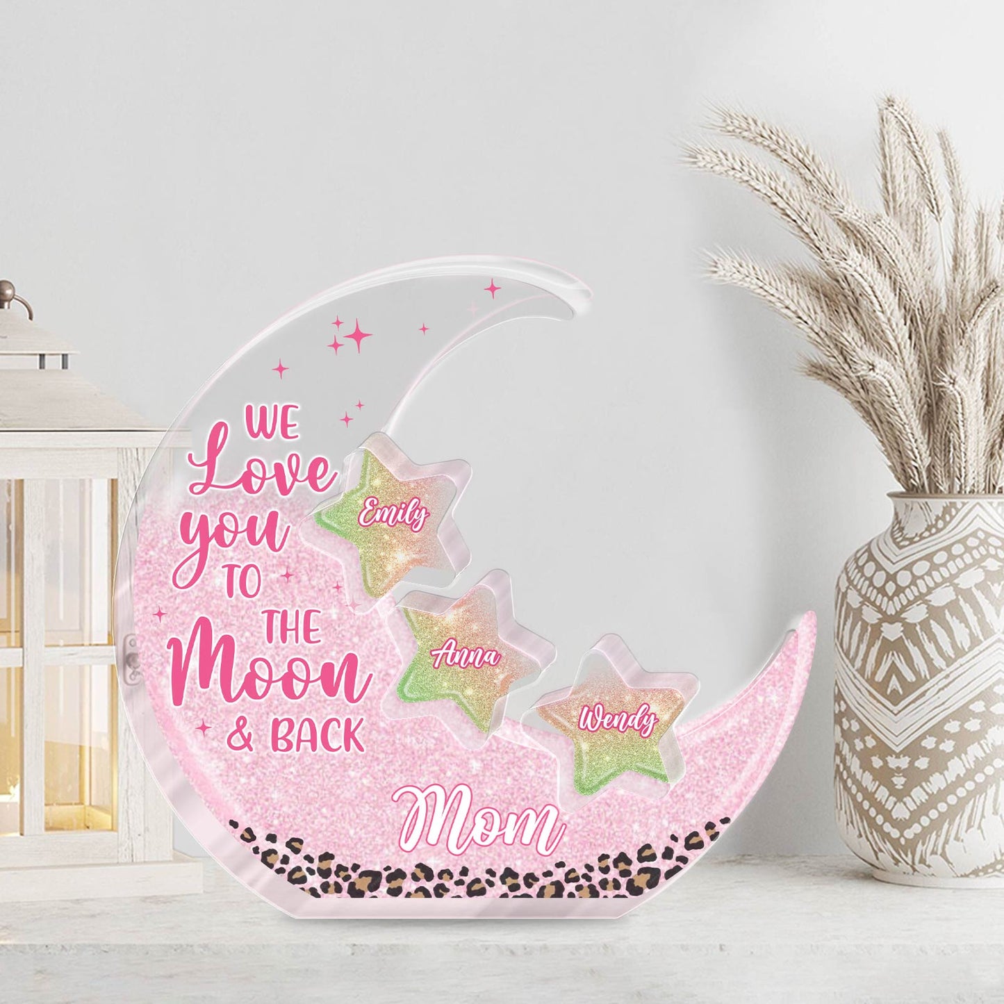 Personalized mom acrylic puzzle featuring stars and heartfelt message to the moon and back