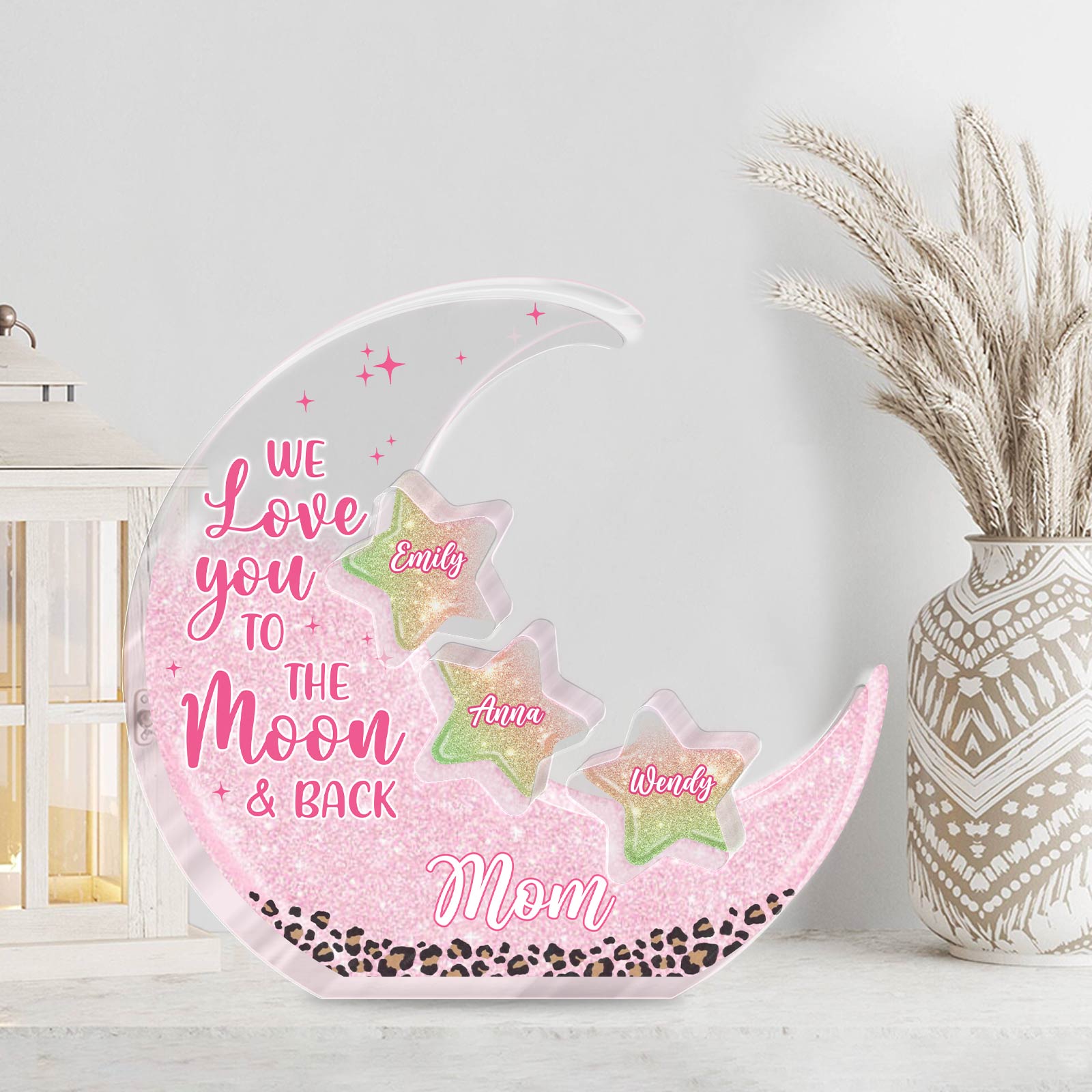 Personalized mom acrylic puzzle featuring stars and heartfelt message to the moon and back