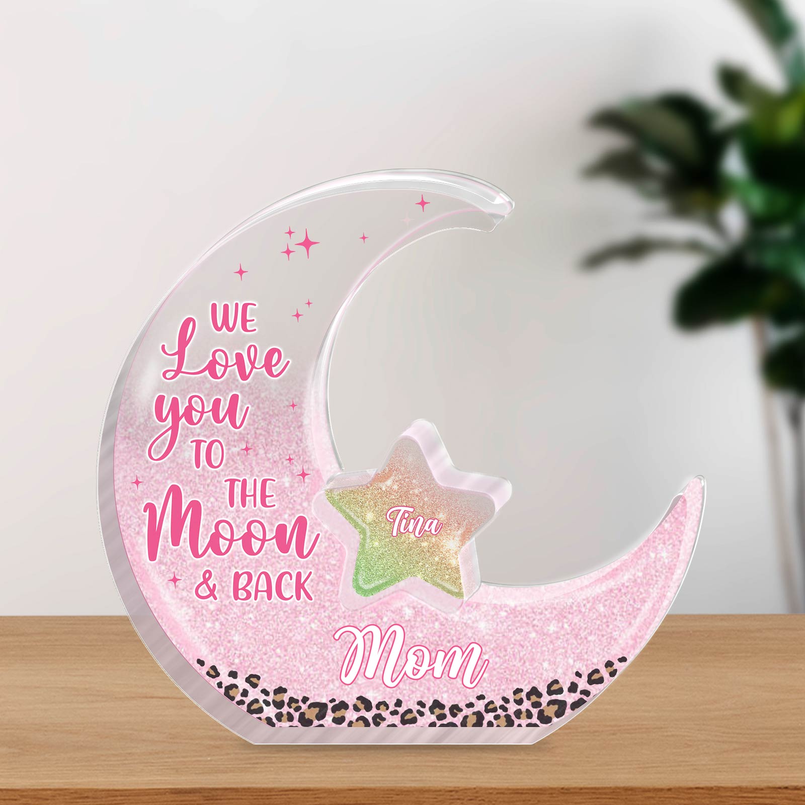 Personalized mom acrylic puzzle in crescent moon shape with custom name and colorful star design