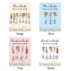 Personalized mom blanket in four colors featuring floral designs and customizable names