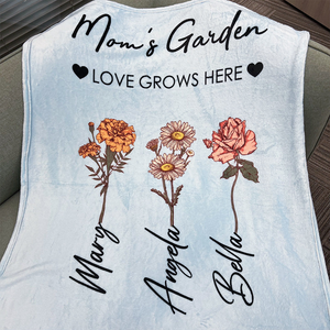 Personalized mom blanket featuring floral designs and names Mary, Angela, and Bella with love grows here text