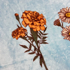 Beautiful floral design on a personalized mom blanket featuring marigolds and daisies