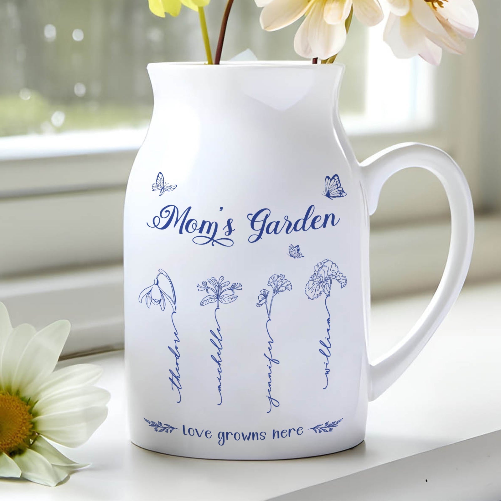 Personalized mom flower vase featuring elegant botanical illustrations and text for a heartfelt gift